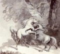 森の小道で戦う馬 トーマス・ローランドソン 黒と白